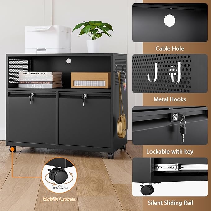 2 Drawer File Cabinet, Rolling File Cabinet with Lock, Metal Filing Cabinets Under Desk Storage Organizer with Wheels for A4/Letter/Legal (Black)