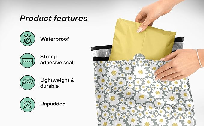 10x13 Poly Mailers – Daisy Floral – Waterproof, Tear-Resistant Shipping Bags with Adhesive Seal – 100 Pack – Package Mint