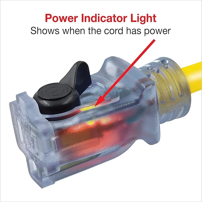 Clear Power 50ft 14/3 SJTW Yellow Outdoor Extension Cord & Heavy Duty Cord Storage Reel with Metal Stand, 3 Prong Grounded Plug, Lighted-Locking Connector, DCCO-9005-DC