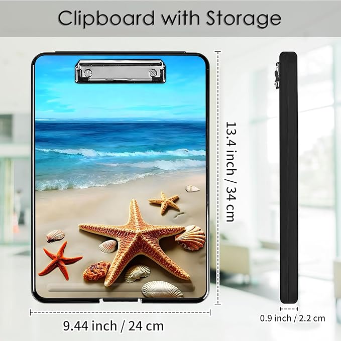 Clipboard with Storage,Office Supplies Nursing Clipboards Folder with Pen Holder Plastic Foldable Clip Board with Storage for Nurse Teacher,Beach Starfish