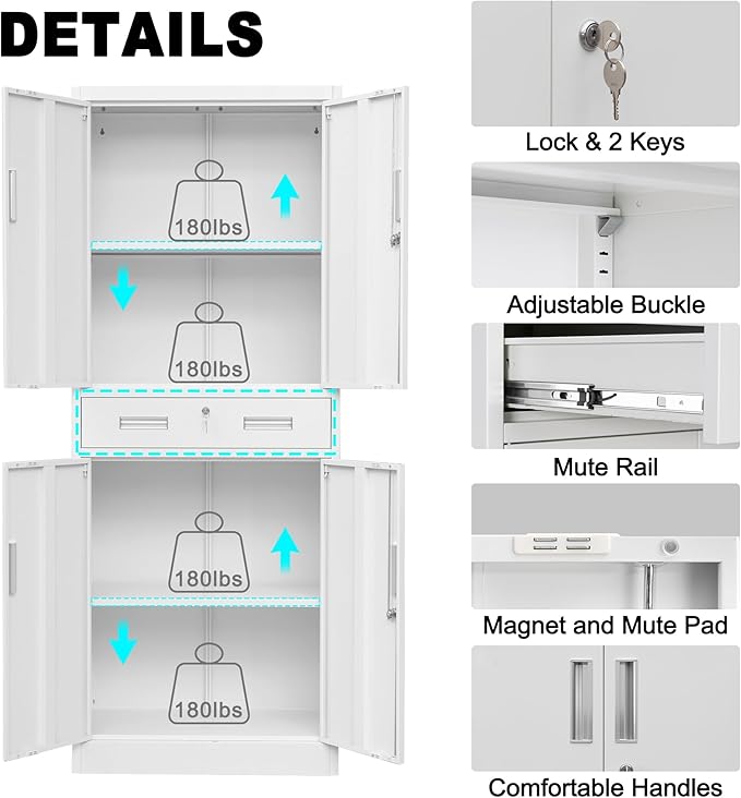 Metal Storage Cabinet, 71" H x 28" W x 16" D Locking Storage Cabinet with Adjustable Shelves and One Drawer for Office, Garage, Home, School, Utility(White)