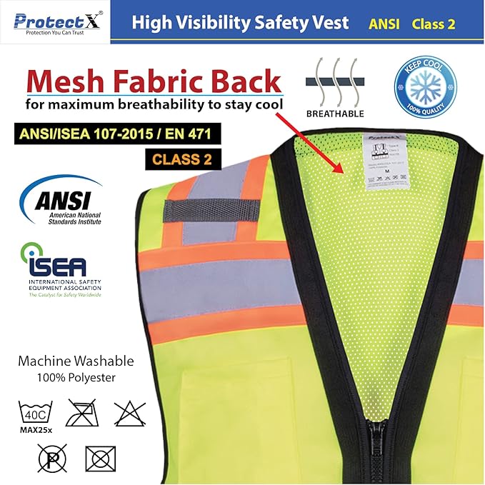 ProtectX 6 Pockets High Visibility Safety Vest for Men Women Class 2 Reflective Hi Vis Work Construction Vest