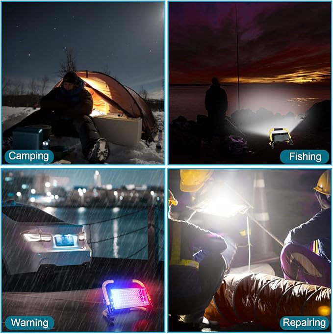 ERAY LED Construction Spotlight, Work Light 8000LM 13500mAh LED Work Light 2 Charging Methods / 4 Modes/Power Bank/Remote Control/Timer / 70 LED, Solar Construction Light for Camping