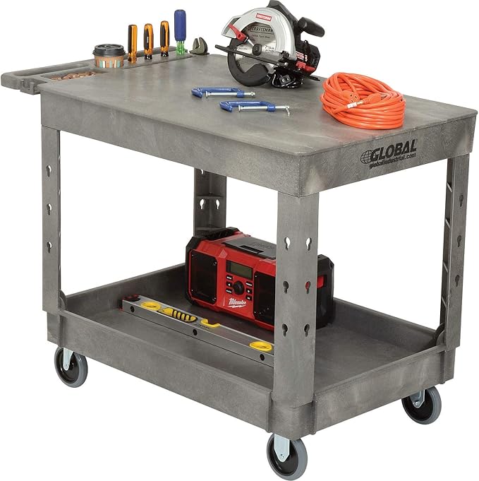 Global Industrial Plastic 2 Flat Shelf Service & Utility Cart, 44" x 25-1/2", 5" Rubber Caster