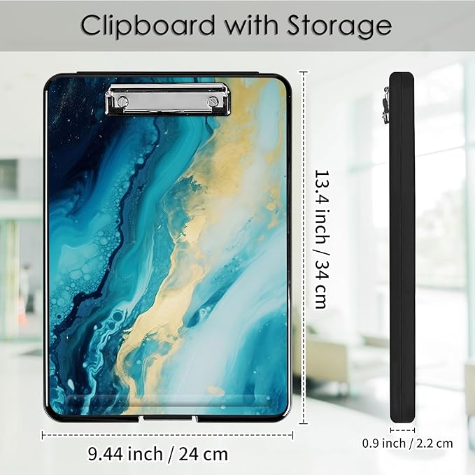 Clipboard with Storage,Office Supplies Nursing Clipboards Folder with Pen Holder Plastic Foldable Clip Board with Storage for Nurse Teacher,Blue Marble