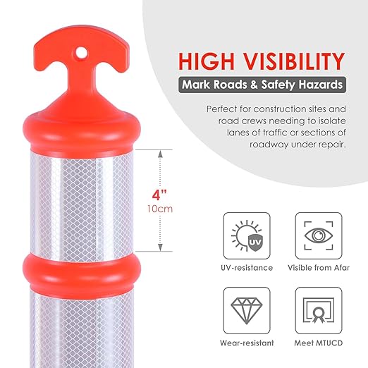 Traffic Delineator Post Cones with Heavy-Duty Octagonal Rubber Base, Channelizer Post Kit for Road Construction Work, Traffic Guidance, Garage Parking, Crowd Control (3, 45")