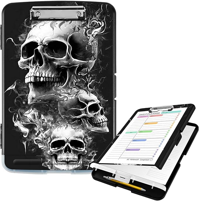 Clipboard with Storage High Capacity Plastic Nursing Clipboards with Pen Holder File Folder Storage Box Clipboard with Heavy Duty Clips for Teacher,Doctor,Offices-Skull