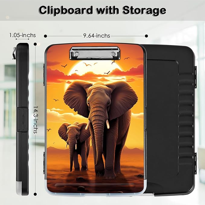Clipboard with Storage,Office Supplies Nursing Clipboards Folder with Pen Holder Plastic Storage ClipBoard Foldable for Teacher Nurse,Sunset Elephant