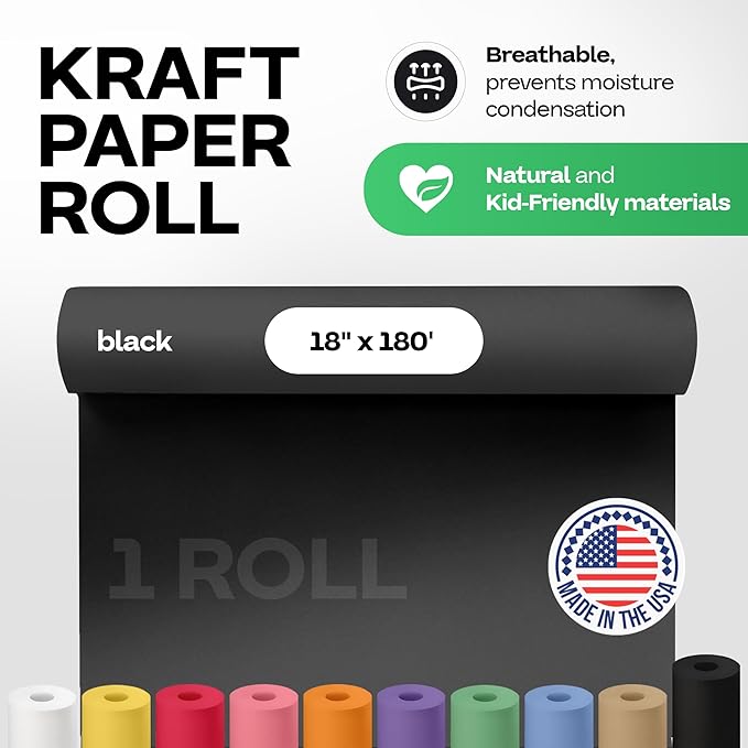 Black Kraft Paper Roll 18" x 2160" (180 feet) - USA-Made Craft Paper for School & Art - Quality High-Density Material for Gift Wrapping & Packing, Shipping & Moving by IDL Packaging