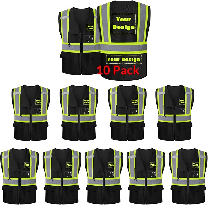 Safety Vest Customize Logo with 5 Pockets & Zipper Reflective High Visibility Vest Class 2 Outdoor Workwear