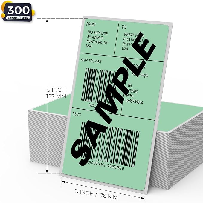 Green Thermal Labels 3 × 5 Inch Vinyl Self-Adhesive Fanfold Direct Shipping Stickers Waterproof Perforated Printer Decal for Office Warehouse Barcode 300 PCS