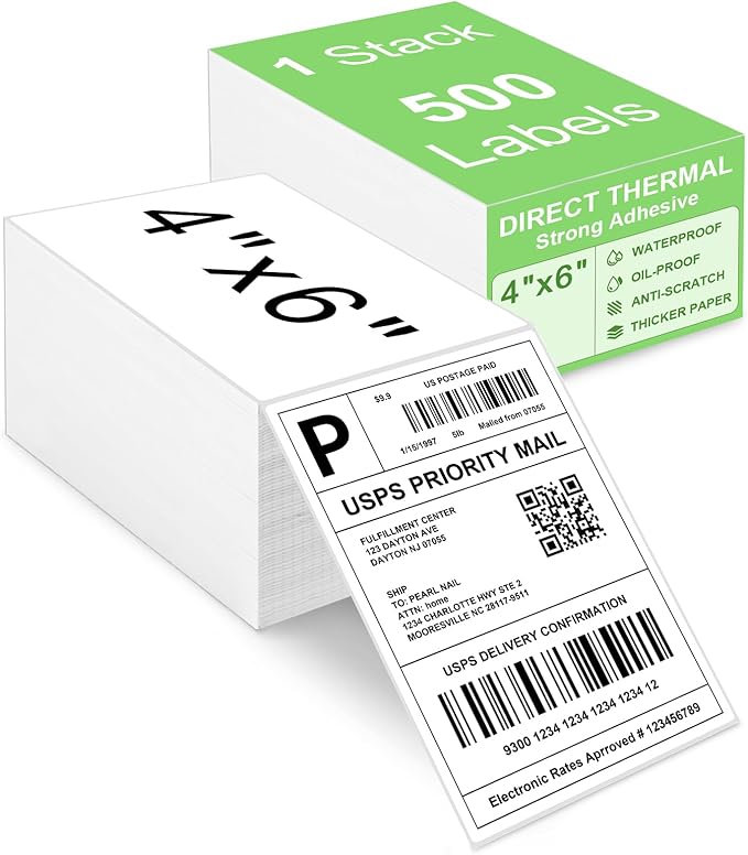 4x6 Thermal Labels, Razuvo Printable Shipping Labels for Direct Thermal Shipping Label Printer, 500 Pack Per Stack, Fanfold, White
