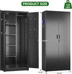 71.37" H Broom Closet Storage Cabinet with Towel Hangles and Adjustable Shelves,Metal Tool Cabinets with Pegboard and Hooks for Garage Laundry Room Home Office,Required Assembly,Black