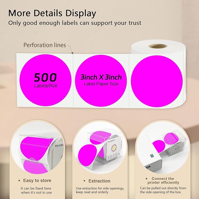3 X 3 Inch Round Thermal Labels Circle Color Coding Labels Printable Waterproof 500PCS Round Stickers Adhesive Writable for Office, Home, Garage, DIY Sticker, Name Tag,Fluorescent Purple