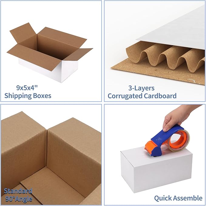Hoikwo 9x5x4 Shipping Boxes Set of 25, White Corrugated Cardboard Box for Small Business for Packaging Mailing