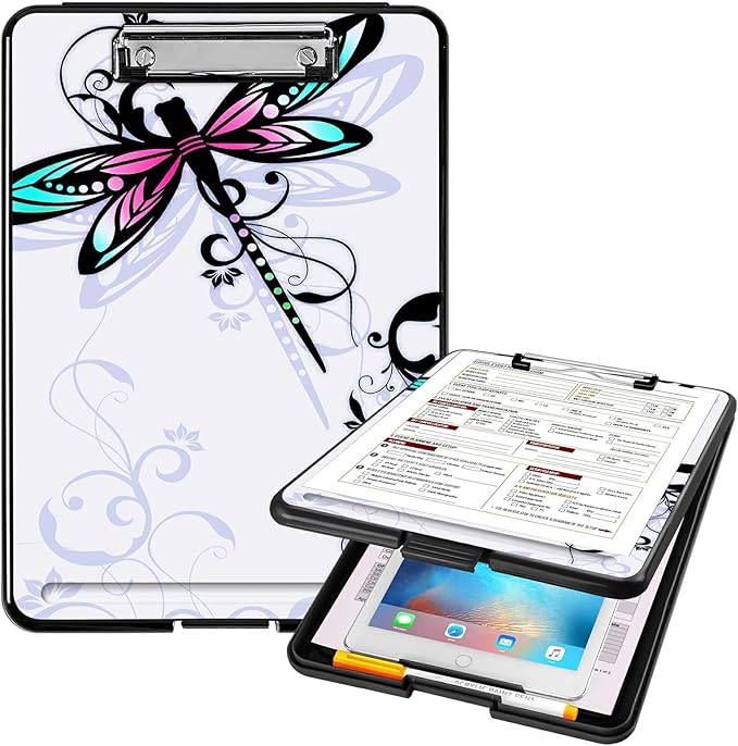 A4 Clipboards,Heavy Duty Waterproof Nursing Plastic Folder Clipboard with Storage Clip Boards,File Folder Storage Box Clipboard Case for Teacher,Doctor,Offices,Dragonfly with Lotus Flower