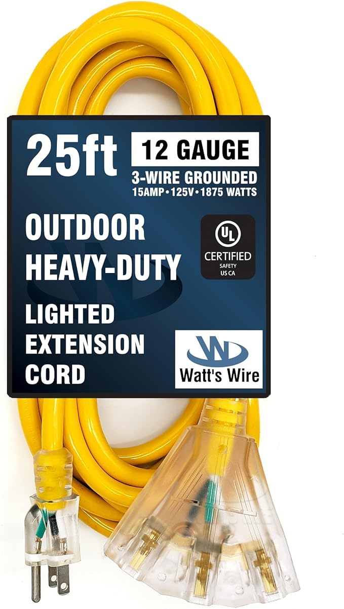 25 ft Outdoor Extension Cord Waterproof - 12 Gauge Heavy Duty Extension Cord 25 ft - Lighted Outdoor Extension Cords with Multiple Outlets - Watts Wire - 25' Grounded - extensiones electricas