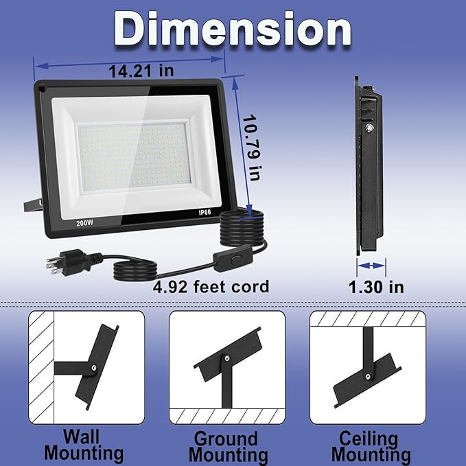 200W LED Flood Light Outdoor, 20000LM Bright Plug-in Flood Lights with Switch, IP66 Waterproof Exterior Security Lights, LED Work Light for Garage, Yard, Garden, Playground, Stadium, Arena