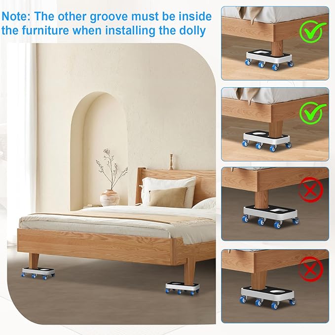 Furniture Dolly with Dual Groove Design: Furniture Sliders with 6 Wheels - for Various Types of Furniture Legs - Moving Heavy Duty Sofa Bed - Load Capacity Up to 800lb