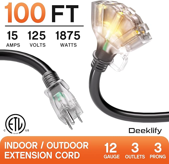 100 ft 12 Gauge Heavy Duty 3 Outlet Extension Cord Splitter with Indicator, Waterproof Outdoor Extension Cord with Multiple Outlets, 15A 1875W for Home & Workshop, ETL Listed, Black SJTW