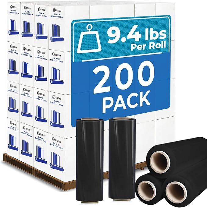 Rosmonde Bulk Plastic Wrap For Moving, 200 Rolls, 80 Gauge Thick Black Industrial Shrink Wrap Roll, True 18" x 1500 ft Stretch Wrap, 3" Core, Black Stretch Film Roll for Warehouses, Moving & Packaging