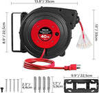 Retractable Extension Cord Reel, 40 FT Heavy Duty Power Cord, 12AWG/3C SJTOW, 3 Grounded Outlets Lighted Triple Tap, 15 Amp Circuit Breaker, UL Listed, Red R40CR06