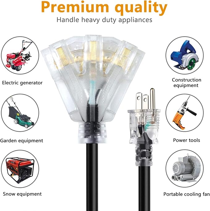 50 FT 12/3 Extension Cord Heavy Duty Black 3-Outlet Indoor/Outdoor SJTW Lighted 12-Gauge Grounded Power Cable,12AWG 15 Amp, 1875 Watts，UL Listed，Safety