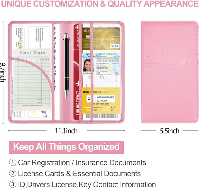 PLOJOP Car Registration and Insurance Card Holder, Leather License Document Pink Glove Box Compartment Organizer, Car Wallet Case for Essential Info, License Cards, ID Card