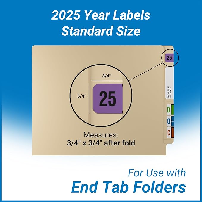 2025 Year Labels, Doctor Stuff 2025 Chart Stickers, Fluorescent Violet Color Coded, USA Made Year Stickers for End Tab File Folders, 500 Labels/Roll in a Dispenser Box, 3/4" x 1-1/2"