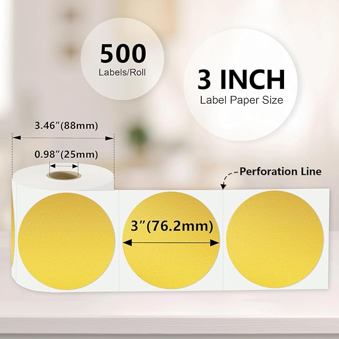 3 X 3 Inch Color Coding Dot Labels Circle Thermal Printable Waterproof 500Pcs Round Stickers Adhesive Writable for Office, Home, Garage, DIY Sticker, Barcodes, Name Tag, Gold