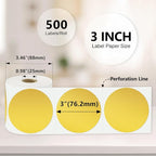 3 X 3 Inch Color Coding Dot Labels Circle Thermal Printable Waterproof 500Pcs Round Stickers Adhesive Writable for Office, Home, Garage, DIY Sticker, Barcodes, Name Tag, Gold