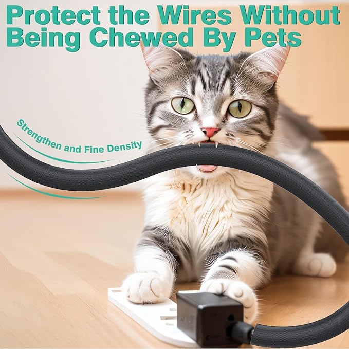 Dog and Cat Cord Protector 10ft - 3/8inch, Flexible Cable Sleeve for Easy Cord Management, Protects Cables from Pets Chewing, Ideal for USB, Power, Audio and Video Cords - Black
