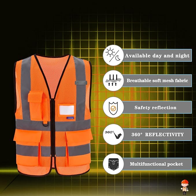 A-SAFETY Orange High Visibility Safety Vest Reflective, 3M Multi Pockets Working Vest Working Uniform Zipper Front ANSI/ISEA Standards 7 Pockets Class 2,2XL