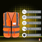 A-SAFETY Orange High Visibility Safety Vest Reflective, 3M Multi Pockets Working Vest Working Uniform Zipper Front ANSI/ISEA Standards 7 Pockets Class 2,2XL