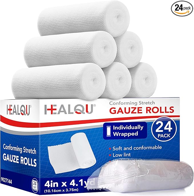 HEALQU Premium Gauze Rolls - 4" x 4 Yards - 24 Rolls, Individually Wrapped Conforming Stretch Gauze Bandage - Super Soft Woven Stretch Bandages for Primary Wound Dressing Support