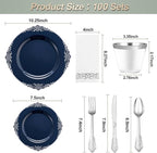 700PCS Navy Blue Plastic Plates for 100 Guests, Disposable Plates with Gold Trim include 100 Dinner plates, 100 Dessert Plates, 100 Gold Silverware, Cups and Napkins for Party, Graduation