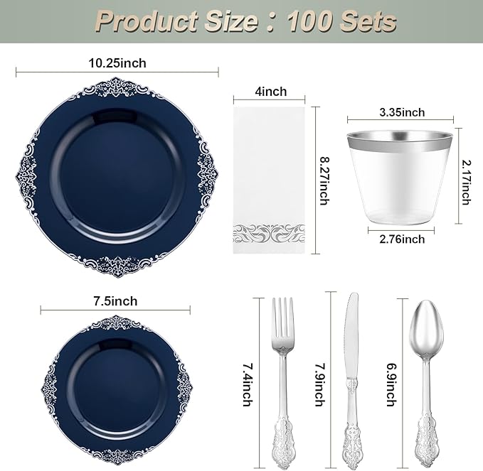 175PCS Navy Blue Plastic Plates for 25 Guests, Disposable Plates with Gold Trim include 25 Dinner and Dessert Plates, 75 Gold Silverware, 25 Cups, 25 Napkins for Party, Wedding & Graduation