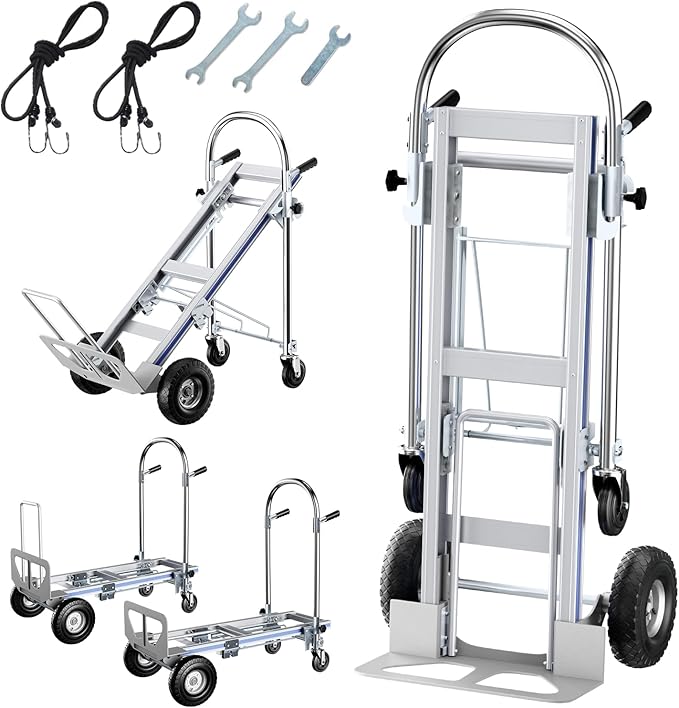 Aluminum Hand Truck, 3 in 1 Convertible Hand Truck Dolly 1000 Lbs Capacity, Pneumatic Wheels - Collapsible Heavy Duty Cart for Efficient Storage, Suit for Moving in Supermarket, Garden, Grass, Yard