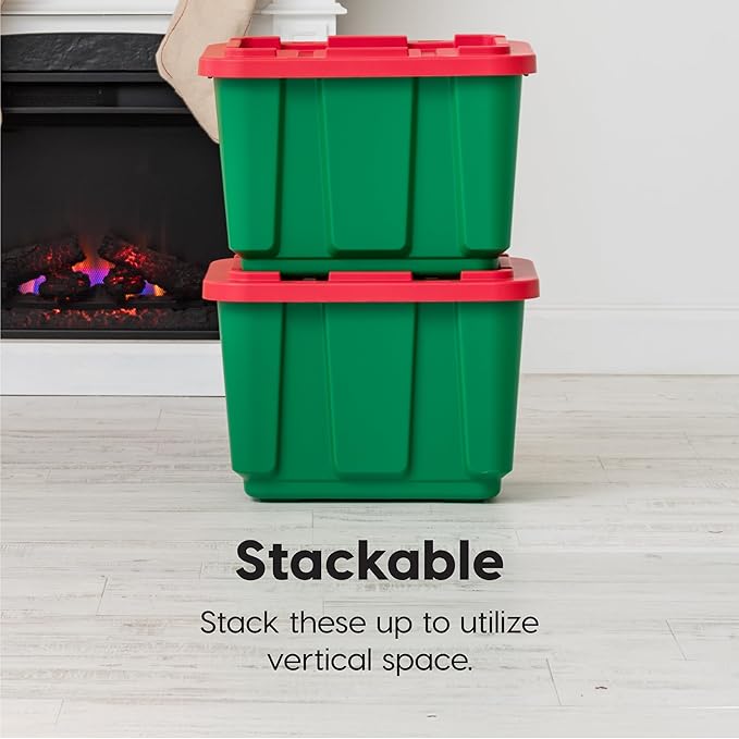 IRIS USA 4-Pack 12 Gallon Storage Bins with Lids |Made in USA| Heavy Duty Plastic Tote Containers for Holiday Organization, Large - Green/Red