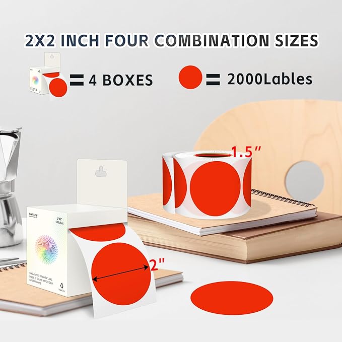 Easy to Use 2 Inch Round Red Color - Coding Stickers, 4 Rolls 2000 PCS Multipurpose Strong Adhesive Labels for Office,Inventory, Organizing