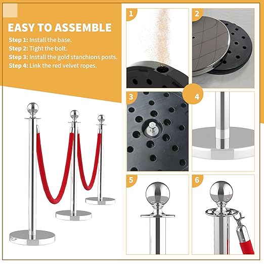 8Pcs Stainless Steel Stanchion Posts with 5ft Red Velvet Ropes - Crowd Control Barriers & Queue Line Kit with 26ft Red Carpet for Wedding, Party, Theater Supplies