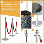 4Pcs Stainless Steel Stanchion Posts with 5ft Red Velvet Ropes - Crowd Control Barriers & Queue Line Kit with 26ft Red Carpet for Wedding, Party, Theater Supplies