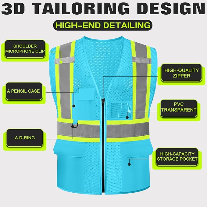 Safety Vest Customize Logo with 5 Pockets & Zipper Reflective High Visibility Vest Class 2 Outdoor Workwear
