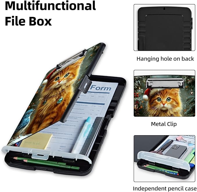 Clipboard with Storage Box & Pen Holder,Heavy Duty Clip Boards 8.5x11 for Nursing,High Capacity,School & Office Supplies,Christmas Cat Bird