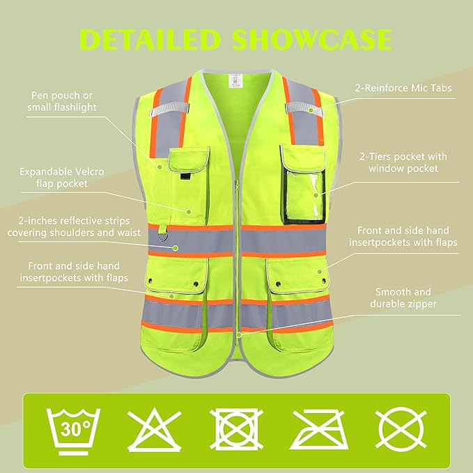 Reflective Safety Vest for Men Women, High Visibility Safety Vest with 8 Pockets Zipper Front, Meets ANSI Standards