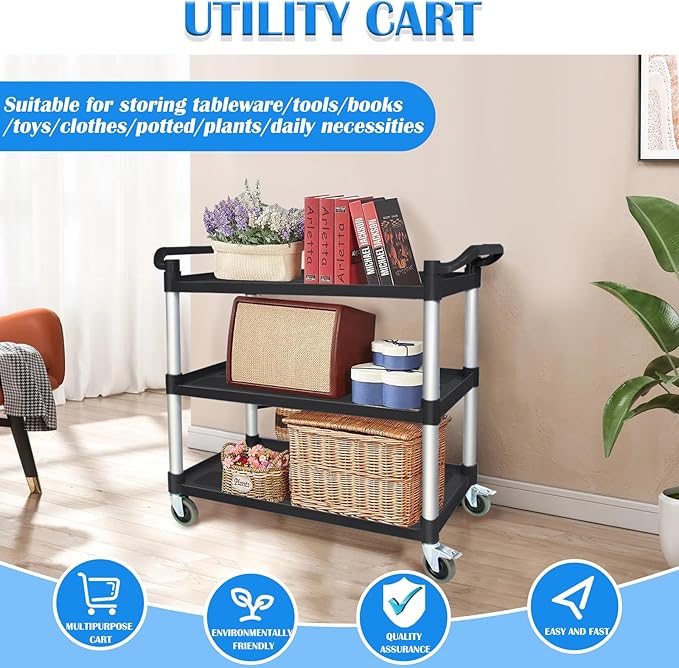 AQNIEGEP Utility Carts with Wheels, Heavy-Duty 510lbs Rolling Cart w/Lockable Wheels, Restaurant/Kitchen/Food Service Cart on Wheels, 3 Tier 16.9" D x 31.5" W x 39.5" H