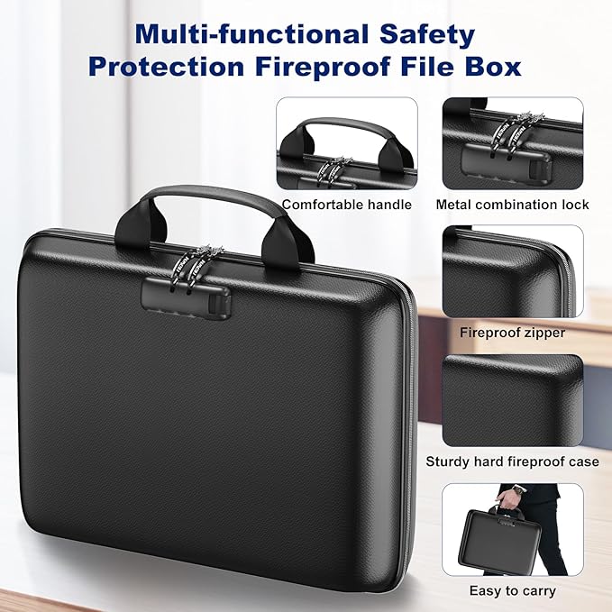 Fireproof Document Box, Hard Case Fireproof File Organizer Box with Lock and 13 Pocket Accordion File Folder, Portable Safe Box for Home Office Travel to Storage Important Documents Laptop Blue