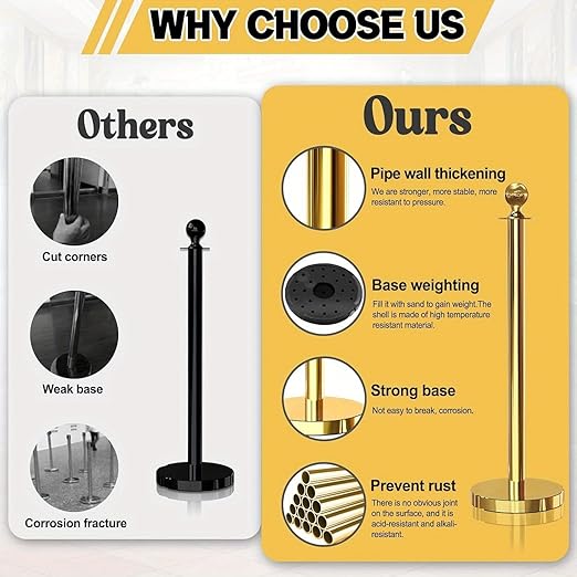 Stanchion Set, Gold Stanchion and Velvet Ropes with 4 Pcs Stainless Steel Posts and 3Pcs Red 5FT Ropes Crowd Control Barrier for Events, Weddings, Theaters, VIP Lines, Queue Management