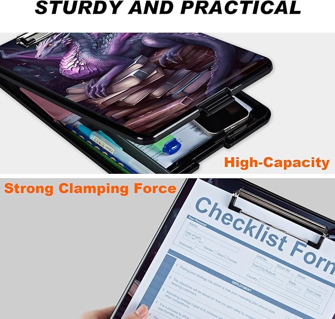 Clipboard with Storage, Hard Letter A4 Size Clip Board with Pen Holder & Paper Organizer, Heavy Duty Portable Writing Pad for Nurses Students Teachers Office Jobsite Contractor, Purple Dragon Book
