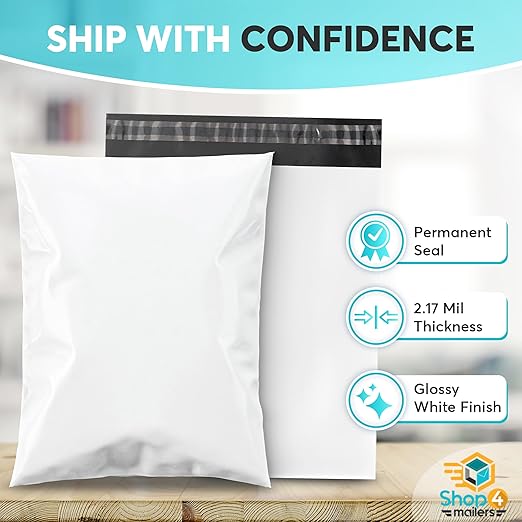 Shop4Mailers 9 x 12 Glossy White Plastic Self Seal Poly Mailer Flat Bags Waterproof Shipping Envelope 2.17 Mil for Apparel, Clothes, Shirts, Books – Permanent Adhesive Seal (1000 Pack)